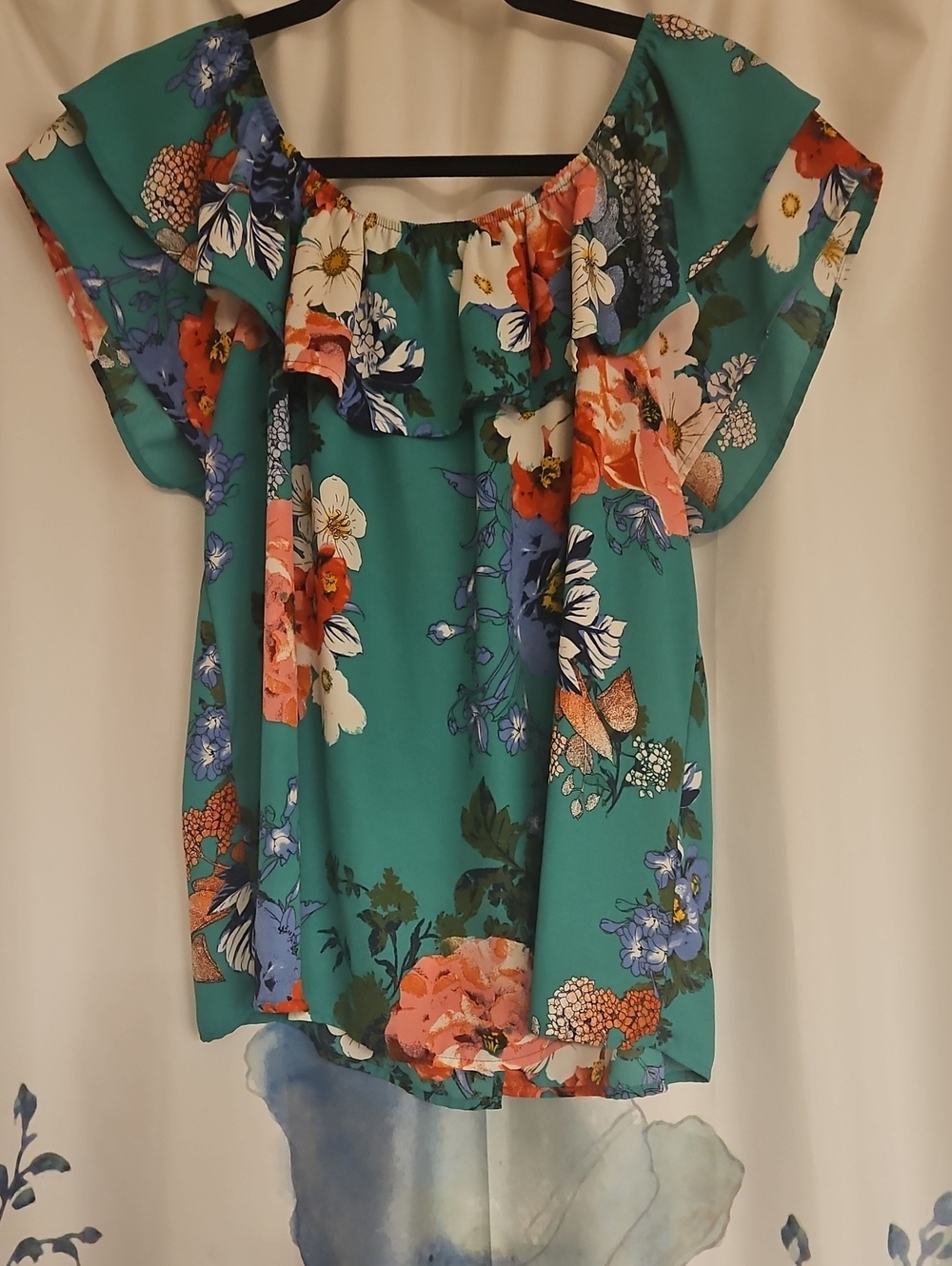 Xhilaration Teal Floral Off-Shoulder Ruffle Blouse
